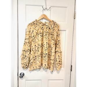 LOFT Leopard Print Blouse Womens Sz XL Tan Ruffled Neck Long Sleeve Lightweight